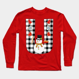 BW Buffalo Checks Pattern Monogram U | Snowman Long Sleeve T-Shirt